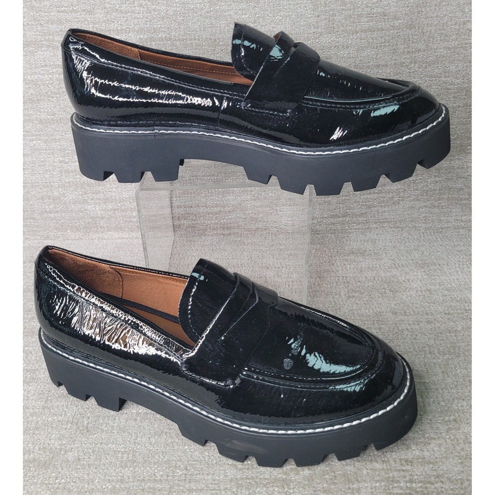 Franco Sarto Balin Black Patent Lug Sole Loafers Womens 6.5 Platform Penny Shoes